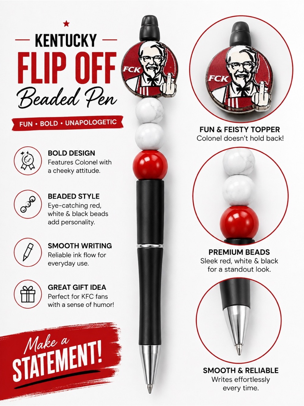 KFC FLIP OFF Hand Crafted Beaded Pen - Red, White, Black